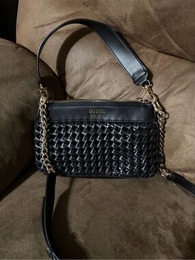 GUESS Black Woven Crossbody with Gold Chain Trim